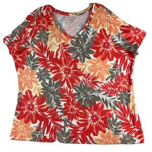Studio Works Womens Floral T Shirt Plus Size 2X V-Neck Cap Sleeve Tee Stretch